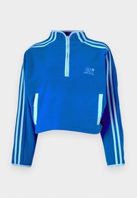 Modrý fleecový pulovr s designem na půl zip, zdobený světle modrými akcentními pruhy na rukávech a logem na hrudi. Zkrácená délka.