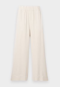Beige wide-leg trousers with an elastic waistband and a smooth texture. Features a straight cut and neatly finished hems.