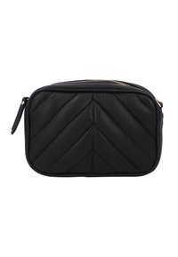 Czarna pikowana skórzana torba z wzorem w zygzak, prostokątny kształt, złoty zamek błyskawiczny oraz boczny uchwyt. Gładka tekstura.