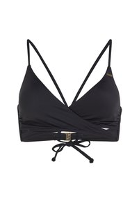 Zwarte bikini-top met driehoekige cups, verstelbare schouderbandjes, gewikkeld ontwerp en een goudkleurige sluiting in het midden. Gladde textuur.