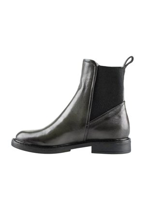 Bottine noire en cuir avec panneaux latéraux élastiques et languette à l'arrière, avec un talon bas et un bout arrondi.