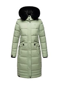 Light green puffer coat with a black faux fur hood, zippered pockets, and quilted texture. Features a straight silhouette with a mid-length cut.
