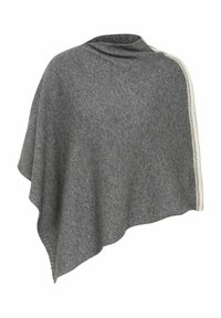 Poncho gris en tissu doux, avec un design asymétrique, une finition texturée subtile et une bordure décorative blanche le long d'un bord.