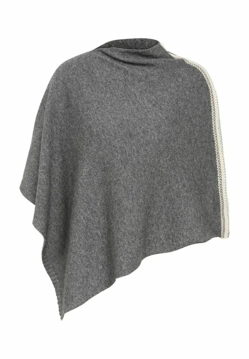 Poncho gris en tissu doux, avec un design asymétrique, une finition texturée subtile et une bordure décorative blanche le long d'un bord.