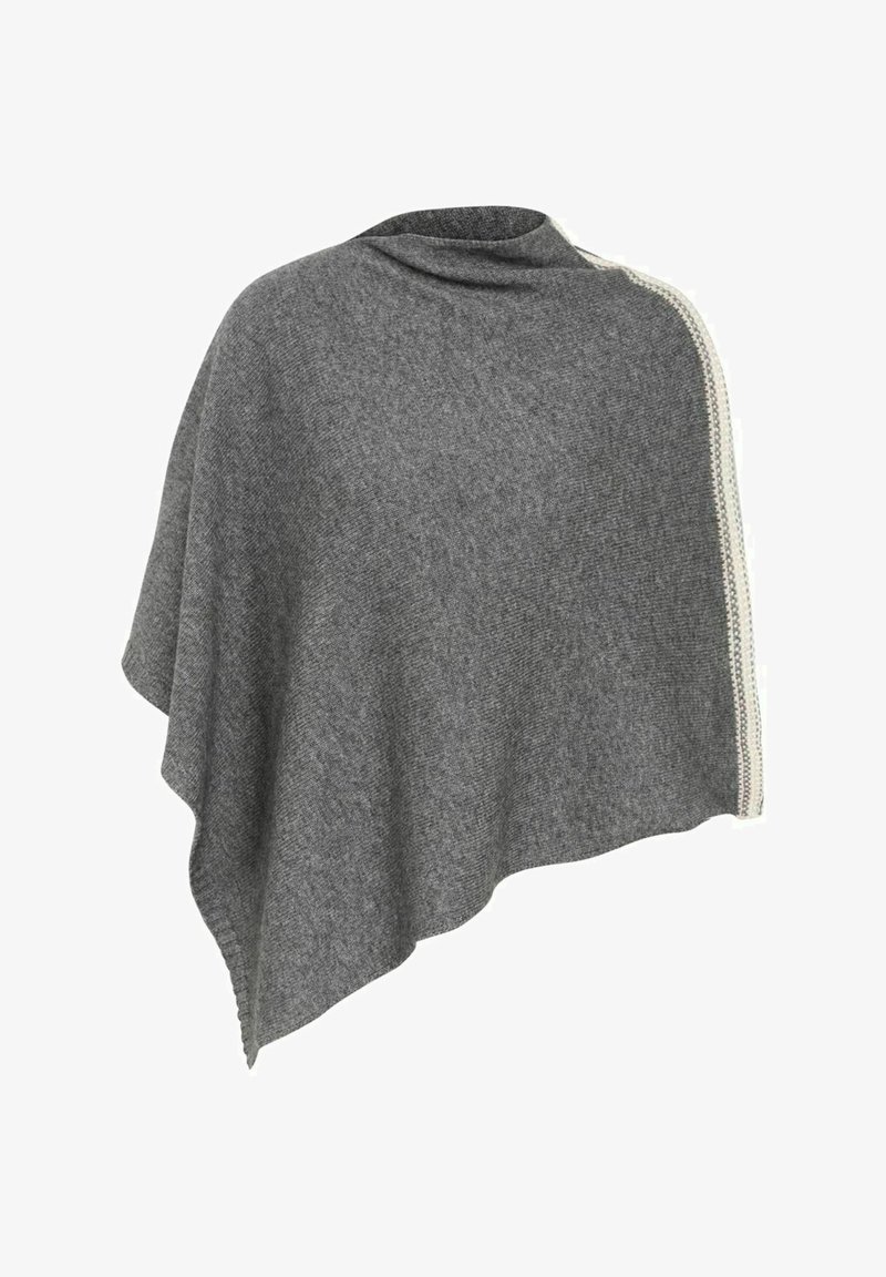 Gray poncho made of soft fabric, featuring an asymmetrical design, a subtle textured finish, and a decorative white trim along one edge.