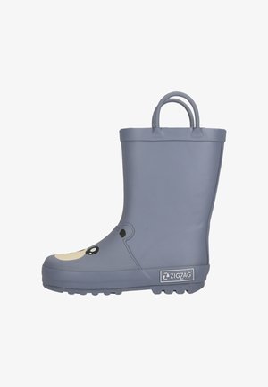 Grijze rubberen regenlaars voor kinderen met een berengezicht op de neus en dubbele aantrek-lussen, met het label ZigZag op de zijkant van de zool.