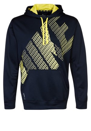 Navyblauer Nike Hoodie mit gelbem gemustertem Logo, gelben Kordeln, gelber Netzkapuzenfütterung und vorderer Kängurutasche.
