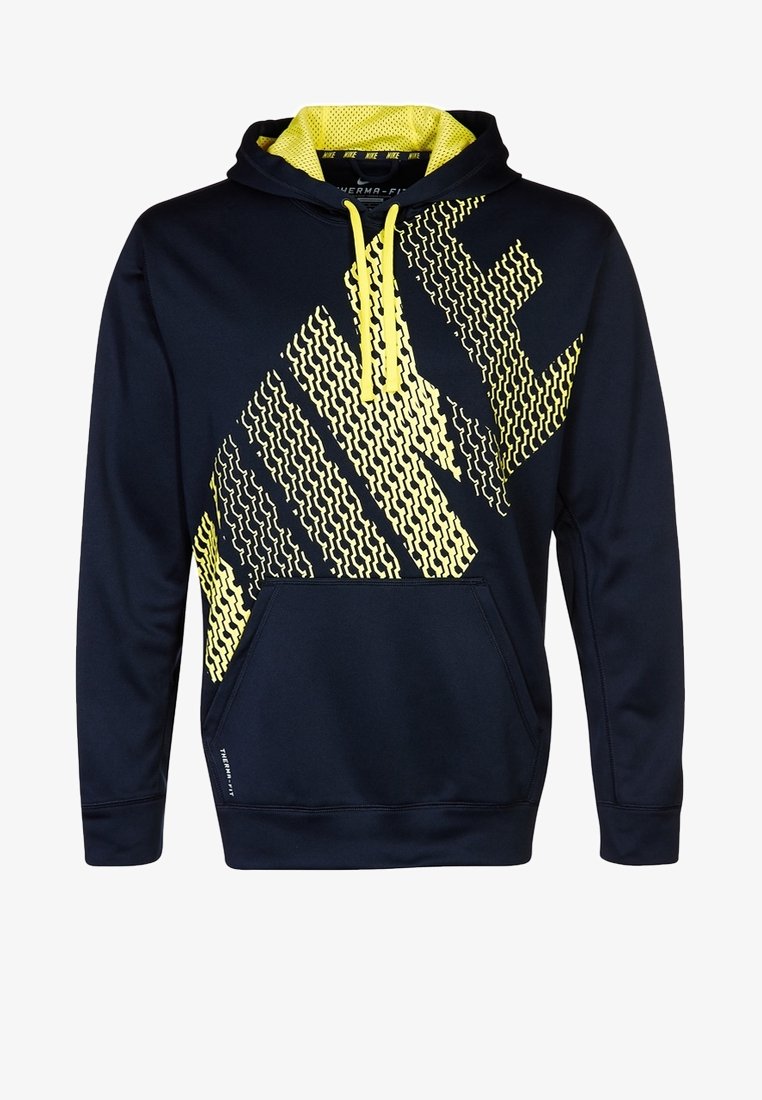 Sweat à capuche Nike bleu marine avec logo jaune à motifs, cordons jaunes, doublure de capuche en mesh jaune et poche kangourou à l'avant.