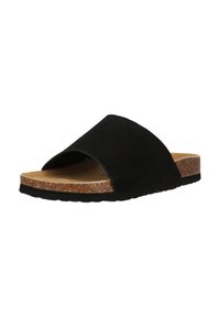 Mules en daim noir avec un bout ouvert, semelle en liège moulée et semelle en caoutchouc texturée. Design simple sans matériel supplémentaire.