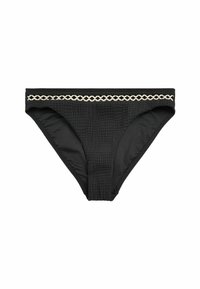 Melnas bikini apakšda ar strukturētu audumu un ar maigu rakstu, akcentēta ar krēmkrāsas plīsu malu uz jostas.