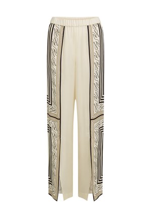 Pantaloni de culoare crem, cu picior larg, având modele abstracte negre și accente dungi pe părți. Talie elastică pentru confort.