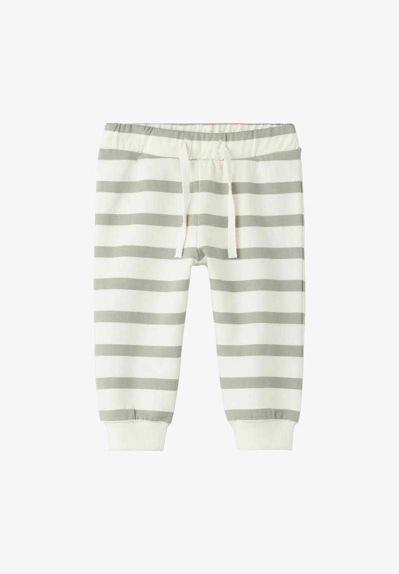 Pantalon bébé avec taille élastique et cordon de serrage, présentant des rayures horizontales grises et blanches ainsi que des poignets côtelés aux chevilles.