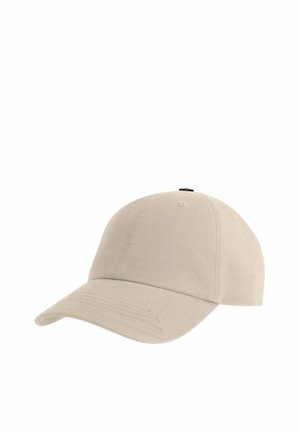 Beige baseball cap with curved brim and stitched panels, shown against a white background.