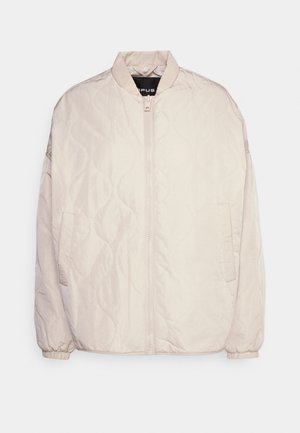 Lyse beige quiltet jakke med lynlås foran, stående krave, sidelommer og elastiske manchetter.