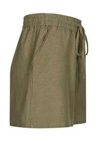 Pantaloni corti verde oliva con vita elastica e cordoncino. Presentano tasche laterali e una vestibilità comoda. Tessuto morbido e leggero.