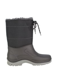Zwarte waterdichte winterlaars met een gestructureerde rubberen zool en een textiele bovenkant. Voorzien van een met bont gevoerd kraag en een verstelbaar veter voor een veilige pasvorm.
