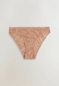 Chilot bikini din dantelă bej deschis cu model floral, având o talie și margini laterale fără cusături pentru un finisaj neted.