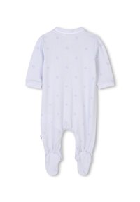 Light blue baby romper with long sleeves, footed design, and all-over subtle pattern. Soft fabric with cuffed sleeves and collar detail.
