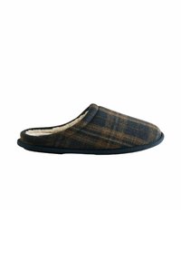 ternede hjemmesko lavet af stof med en blød inderside. Mørkeblå sål, afrundet tå og en slip-on design med lav ryg. Tekstureret mønster i brune og grønne nuancer.