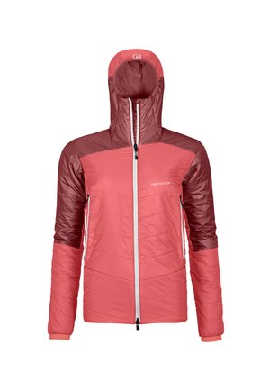 Red and pink insulated jacket with a hood, features contrasting shoulders, zippered front, and elastic cuffs. Padded with a quilted design.