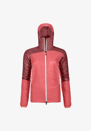 Red and pink insulated jacket with a hood, features contrasting shoulders, zippered front, and elastic cuffs. Padded with a quilted design.