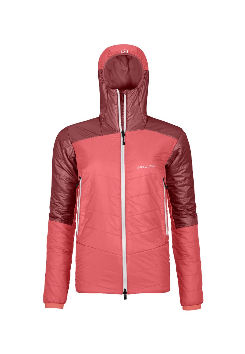 Rote und pinke isolierte Jacke mit Kapuze, verfügt über kontrastierende Schultern, einen Reißverschluss vorne und elastische Bündchen. Gepolstert mit einem gesteppten Design.
