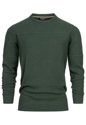 Green knitted sweater with a textured surface, featuring a crew neck, ribbed cuffs and hem, and subtle horizontal stripes.
