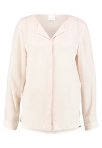 Camicia a maniche lunghe rosa chiaro realizzata in tessuto morbido, con colletto a giro, patta con bottoni sul davanti e fessure laterali all'orlo.