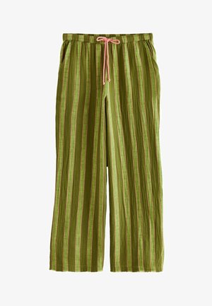 Zelene pruge široke hlače s elastičnim pasom, ki imajo roza detajle in teksturirano tkanino. Vključeni sta dve stranski žep.