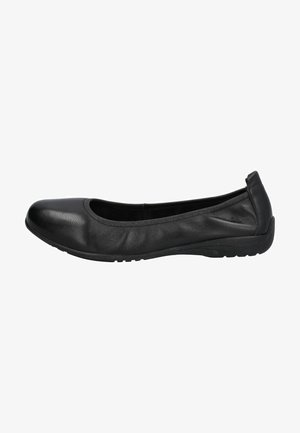 Ballerines en cuir noir avec un bout rond, texture lisse et un bord légèrement élastiqué pour le confort. Semelle en caoutchouc pour une meilleure adhérence.