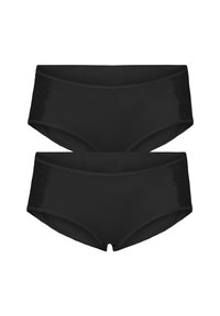 Sous-vêtements hipster noirs en tissu lisse, avec des détails en dentelle sur les côtés, présentant une taille mi-haute et une couverture totale.