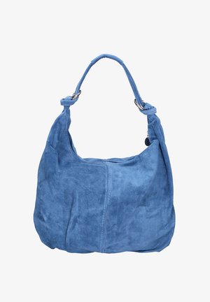Sac hobo en daim bleu à la texture douce, avec une poignée nouée et des accessoires en ton argenté. Il comprend une poche zippée et des détails de coutures.