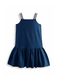 Marineblaue Baumwollkleid mit einem taillierten Oberteil und einem weit ausgestellten, gerafften Saum, ausgestattet mit dünnen Schulterträgern in rot-blauen Streifen.