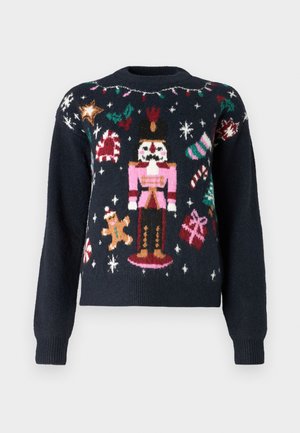 Suéter azul marino con diseños de punto festivos, que incluyen un cascanueces, un hombre de jengibre, bastones de caramelo y regalos con acentos multicolores.