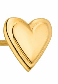 Goldfarbene herzförmige Ohrringe mit einer glatten, polierten Oberfläche und einem leicht erhobenen Design, montiert auf einem dünnen Steg.