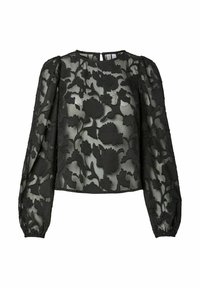 Juoda permatoma palaidinė su gėlių siuvinėjimu, ilgomis pūstomis rankovėmis ir apvalia iškirpte. Turi tekstūruotus akcentus ir trumpą kirpimą.