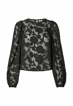 Czarna przezroczysta bluzka z kwiatowym haftem, długimi bufkami na rękawach i okrągłym dekoltem. Charakteryzuje się teksturowanymi akcentami i krótszym krojem.