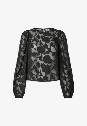 Czarna przezroczysta bluzka z kwiatowym haftem, długimi bufkami na rękawach i okrągłym dekoltem. Charakteryzuje się teksturowanymi akcentami i krótszym krojem.