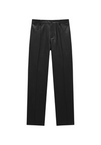 Pantalon en cuir noir à texture lisse, avec une coupe droite, fermeture à boutons sur le devant, et deux poches latérales.