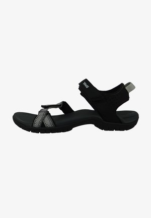 Schwarze verstellbare Sportsandalen mit breiten Stoffriemen, strukturiertem Fußbett und flexibler Gummisohle. Geeignet für Outdoor-Aktivitäten.