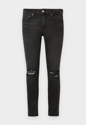 Schwarze Slim-Fit-Jeans mit Used-Look und Rissen an beiden Knien, ausgestattet mit Fronttaschen, Gürtelschlaufen und einem Metallknopfverschluss.