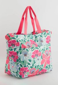 Bloemen tas met een mix van roze, groene en blauwe bloemen op een lichte achtergrond. Het heeft dubbele roze hengsels en een rits bovenkant.