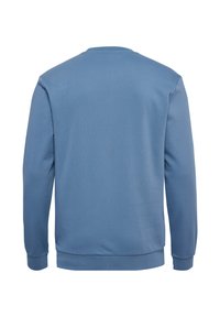 Blå sweatshirt gjord av mjukt tyg, med rund hals, långa ärmar och ribbad nederkant och ärmavslut. Slät textur, inga synliga mönster.