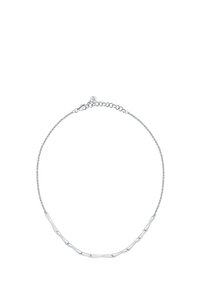 Collana in argento con maglie allungate e rettangolari alternate a maglie più piccole e rotonde; include un gancio a moschettone e una catena regolabile.