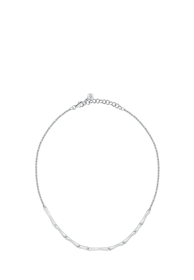 Collana in argento con maglie allungate e rettangolari alternate a maglie più piccole e rotonde; include un gancio a moschettone e una catena regolabile.