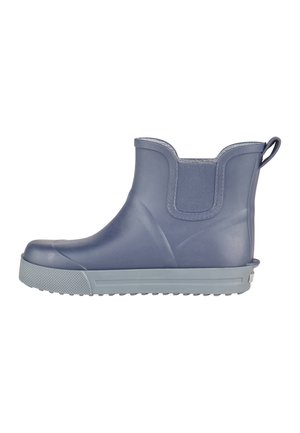 Short gray rubber ankle rain boot with pull tab and elastic side panel, textured sole, and rounded toe.