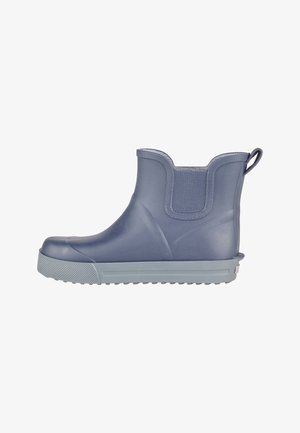 Short gray rubber ankle rain boot with pull tab and elastic side panel, textured sole, and rounded toe.