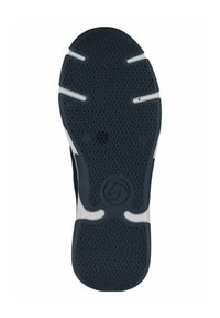 Shoe outsole featuring a textured black rubber surface with white accents and a circular logo at the center, designed for grip and durability.