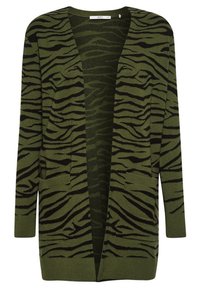 Cardigan long à devant ouvert avec des rayures de tigre noires sur fond vert olive, comprenant deux poches avant et des manches longues.