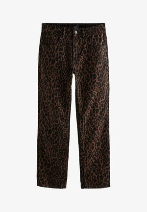 Pantaloni in denim marrone a fantasia leopardata con macchie nere, design a cinque tasche, chiusura con bottone, gamba dritta e texture morbida.
